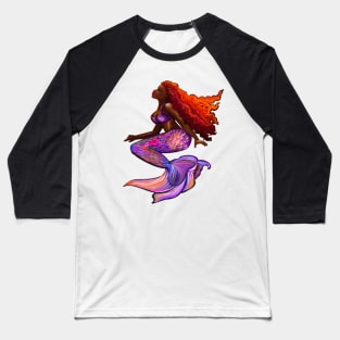 Black African American mermaid with flowing Afro red hair locs women girls Black Mermaid Baseball T-Shirt